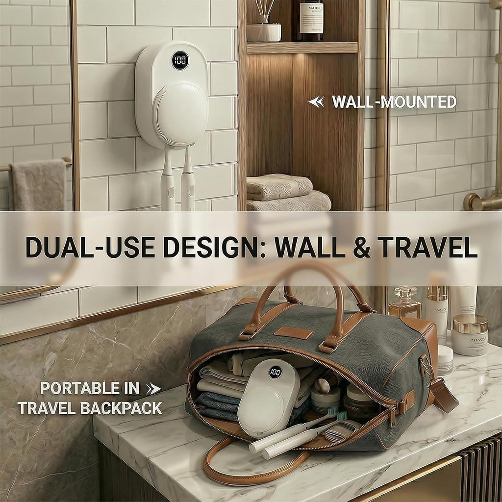 UV Toothbrush Sanitizer Holder Wall Mounted for Bathroom, Travel Toothbrush Case Design, Electric Toothbrush Holder with UVA+UVC Light & Fan Drying, USB Rechargeable Toothbrush Cleaner