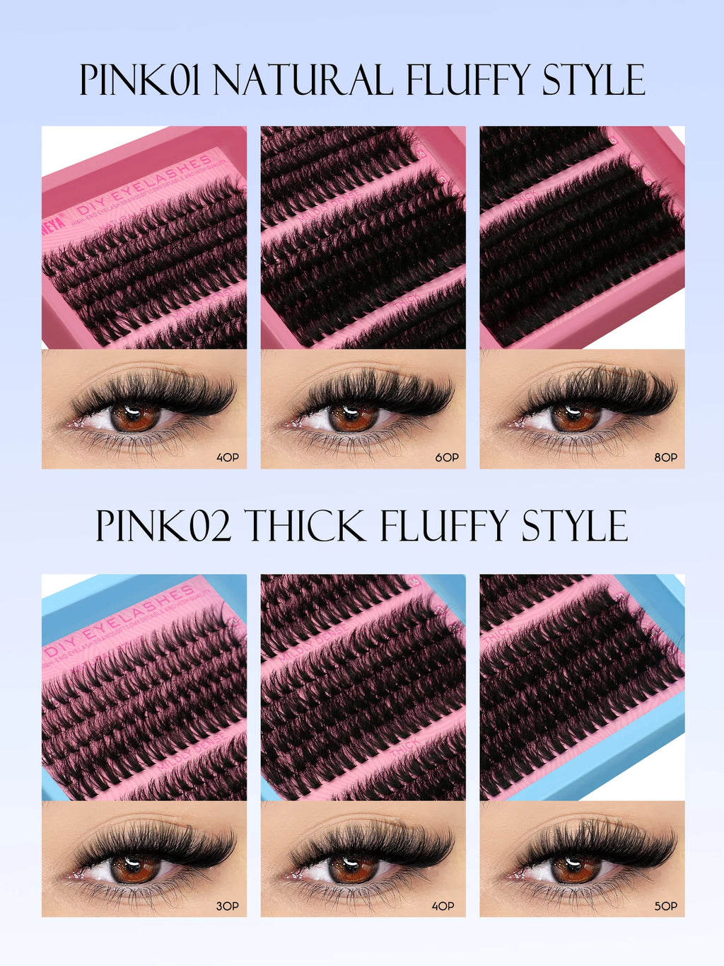 GROINNEYA Cluster Lashes Kit Individual Lashes Volume Mixed Tray 3D Faux Mink Lashes Wispy Eyelash Extension Makeup