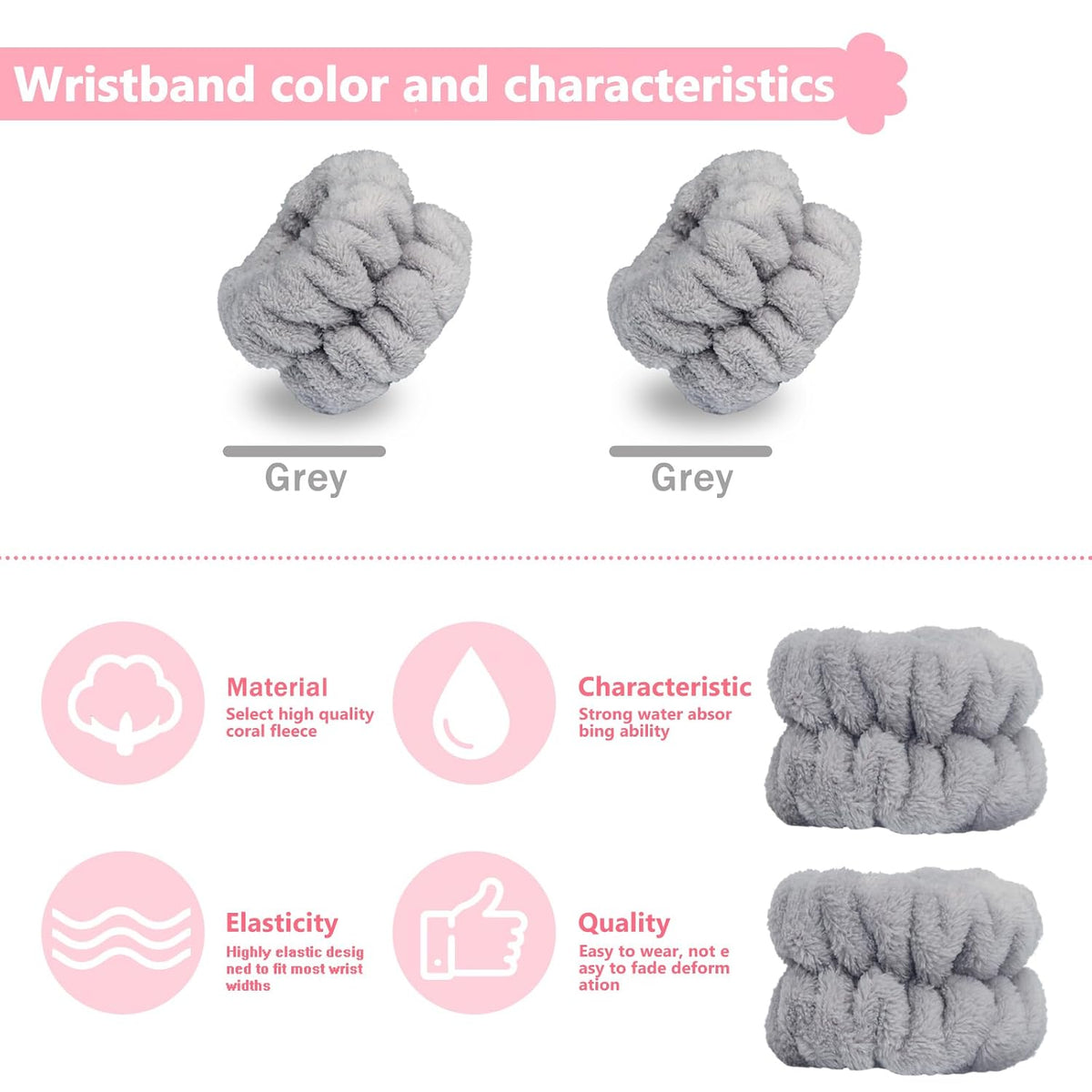 2Pcs Wrist Bands for Washing Face, Microfiber Face Washing Wristbands, Arm Wrist Towels, Spa Face Wash Wristbands, Stretchy Absorbent Wash Band for Woman Children