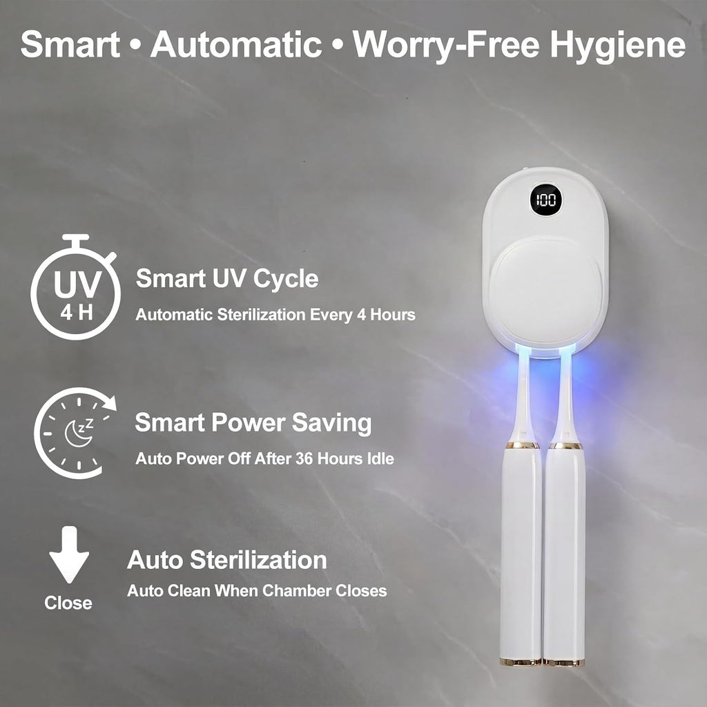 UV Toothbrush Sanitizer Holder Wall Mounted for Bathroom, Travel Toothbrush Case Design, Electric Toothbrush Holder with UVA+UVC Light & Fan Drying, USB Rechargeable Toothbrush Cleaner